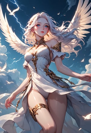 score_9, score_8_up, score_7_up, score_6_up,
1 girl, Air Elemental girl, swirling air, hovering among the clouds, air, gold jewelry, thigh strap, shiny skin, blush, beautiful face, blue eyes, white hair, floating hair, gentle breeze, white skin, white sexy sheer dress, dutch angle, bottomless, pink fingernails, moonlight, stormlight, flying leaves, lightning, wind, swirling wind currents, lightning bird, magical elements, high fantasy  