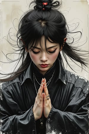 txznasian13, A female ninja in black clothes closed her eyes in meditation, looked serious, and lowered her hands. Image style: black, gray, white, ancient Chinese paintings, old RPG, illustrations by Aleksi Briclot and Ilya Kuvshinov and Bill Sienkiewicz, Bold strokes, colors in impasto style.