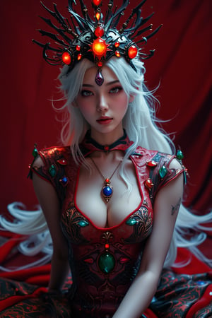 txznasian12, This is a portrait of an elegant and mysterious young Asian girl, with three jewels shining brightly on the black iron crown, three jewels on the iron crown shining brightly, long white hair, mold pale face, red eyes, against a red background. carpet, inspirational, surreal anime art style, high contrast, dynamic composition, surrealism, bright colors, sharp focus, deep shadows, studio lighting, wide angle lens, digital camera, high resolution, fine textures, high details, smooth lines, sharp edges, intricate details, natural appearance,