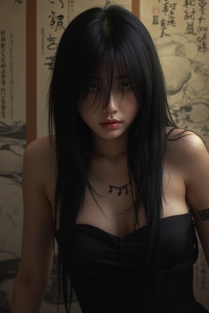 txznasian4, a young Asian woman,
a photorealistic photography of female warrior in an intense, contemplative pose. Her long, jet-black hair falls around her face, partially obscuring her eyes, which have a piercing gaze that suggests both strength and mystery. She wears a strapless black dress, with her shoulders and arms exposed. The background is filled with aged parchment papers adorned with Japanese calligraphy and ink paintings of mythical creatures, creating a cultural depth and adding to her mystique. The glossy texture of her hair, achieving a hyper-realistic quality that captures the mood and intensity of the scene. Leaning forward with her hair draping over her arms.