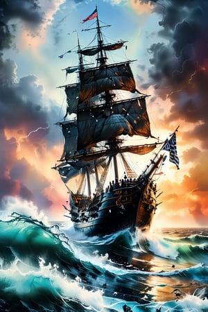 Realistic, hyper detailed, award winning masterpiece, full body portrait, ((ultra-high resolution 16k intense color portrait)), in the deep ocean, rough sea waves a large pirates ship with a black skull flag on top, ultra realistic, Hyper, vibrant light, storm, clouds, lightning, rough weather cinematic background, colorful paint splatter, colorful ink wash painting, colorful, colorful background, ,ink, ink smoke,smoke