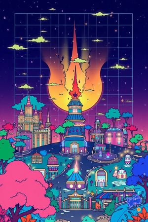 look up, There is a pumpkin building torch high above the playground, A flame rising from the top of the torch building, No expression emotional, no features, Colorful bright colors, vivid and cute atmosphere,txzn8bit.