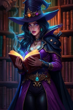 txznreiq, 
Mystical Sorceress of Yennefer with glowing spellbook and violet eyes, in an ancient library, in the style of gothic fantasy, elegant models, Anne Stokes, 32k uhd, intricate details,