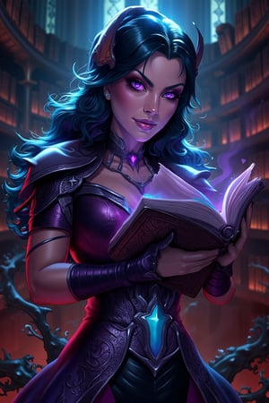 txznreiq, 
Mystical Sorceress of Yennefer with glowing spellbook and violet eyes, in an ancient library, in the style of gothic fantasy, elegant models, Anne Stokes, 32k uhd, intricate details,