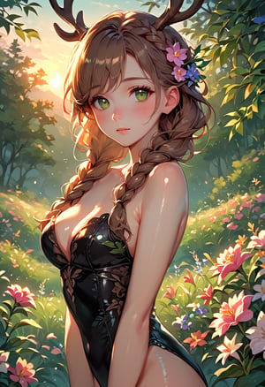 score_9, score_8_up, score_7_up, score_6_up,
1girl, black leotard, shiny skin, blush, chestnut brown hair, crownbraid twintails, looking at viewer, sunset, flowers in a flower meadow, nature, lush green forest, antlers
