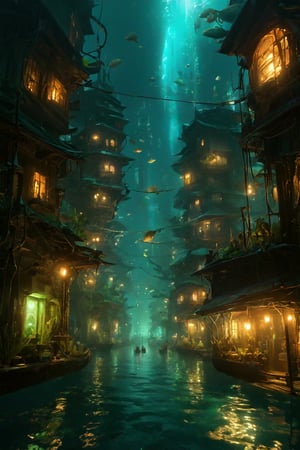 A vibrant underwater city inhabited by cybernetic merfolk, with bioluminescent buildings and aquatic vehicles
