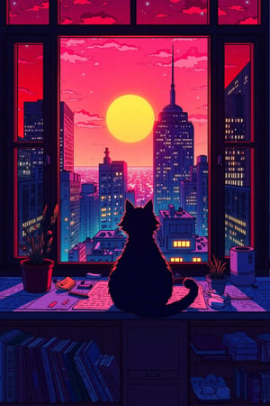 txzn8bit, 
a detailed illustration of  a cityscape at sunset, viewed from an interior window. 
A dark-colored tabby cat sits on a wooden desk in front of the window, facing outward, looking at the city. 
The window is framed by dark-red or burgundy-colored, almost outlined, rectangular borders or frames. 
The cityscape shows tall buildings with varying architectural styles, lit by the vibrant sunset colors, which are predominantly reds, oranges, and some yellows and pinks. A large, bright orange-yellow sun occupies the center of the upper portion of the view, almost directly above the buildings.
A small potted plant sits on the desk near the window, next to the cat.
Sheets of papers are spread out on the desk,  suggesting a workspace or study area. Some drawing tools or art supplies are also visible on the papers.
Bookshelves with various books fill the space near the window.

