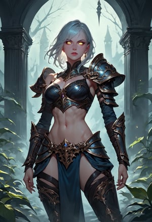 score_9, score_8_up, score_7_up, score_6_up,
fierce and determined young very sexy woman with short,silver hair,clad in intricate short dark armor,She stands defiantly at the center,with her sword drawn,ready for battle. Behind her,slightly off to the right to balance the composition,looms a massive,menacing beast with scaled skin and glowing eyes,creating a dramatic contrast. The scene is set in a shadowy,mystical environment,with bioluminescent plants and glowing elements dispersed throughout. The cold,eerie light illuminates the scene from the top left,enhancing the tension and dark atmosphere. The overall composition maintains ample negative space on the left side for desktop icons,ensuring the visual elements are not obstructed and the wallpaper remains functional as well as visually striking,