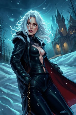 txznreiq, 
An animated cartoon image of a female, magical night, spiritual, magical mysterious atmosphere, Halloween, creepy vampire, beautiful vampire girl, girl 25 years old, front view, white long hair, slightly curly hair, hair fluttering in the wind, long black coat, vintage style, pale skin, vampire, black straight cut coat, snow on the shoulders, winter, snow falling, field in snow, vampire walking through snowdrifts, vampire knee-deep in snow, medieval castle in the background, haunted castle, a luxurious suit made of expensive fabrics, thick fabrics in clothes, winter, twilight, pale skin, night, snow, wind, cold, creepy atmosphere,