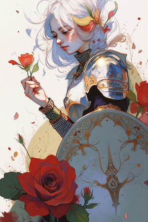 txznart, 
An abstract painting of A regal female knight in ornate silver armor stands amidst a field of blooming red roses. The knight holds a single rose delicately in her gauntleted hand, gazing down at it with a soft expression. Her long, flowing hair is adorned with small rose petals, carried by a gentle breeze. At her side, a large shield decorated with intricate engravings of roses rests against her leg. The sunlight filters through the petals, casting a warm, golden glow over the scene, enhancing the romantic yet powerful atmosphere.