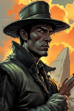 txznreiq, 
An animated cartoon image, monochrome manga sketch, A Closeup Portrait of a cowboy, extreme Closeup of His Face - shrouded in mystery. He wears a, tattered high collar coat that billows dramatically in the wind, creating a striking contrast against the rugged landscape. Hyperdetailed badass Closeup, hyperdetailed, deadly Gaze, bleaked orange and Grey beige moody cloud Sky and Desert Background, Holding gun,