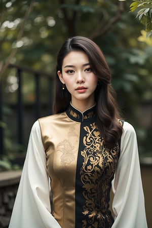 txznasian12, a young asian woman, an actor is standing outside in an asiandress, light gold and black, beautiful women, gongbi, matte photo, dotted,