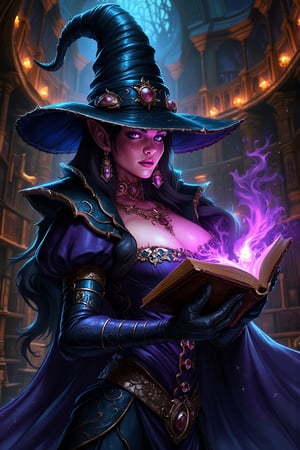 txznreiq, 
Mystical Sorceress of Yennefer with glowing spellbook and violet eyes, in an ancient library, in the style of gothic fantasy, elegant models, Anne Stokes, 32k uhd, intricate details,