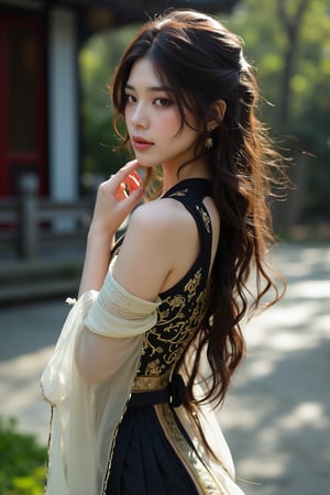 txznasian12, a young asian woman, an actor is standing outside in an asiandress, light gold and black, beautiful women, gongbi, matte photo, dotted,