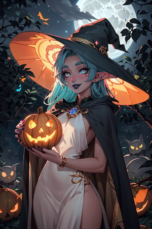 royal, princess, crown, atmospheric scene, masterpiece, best quality (detailed face, detailed skin texture, ultra detailed body), (cinematic light: 1.1), r0seb7rne-smf, extremely detailed CG, unity 8k wallpaper, ultra detailed, very detailed, bright colors

nightelf, long eyebrows, long ears,


1girl, long turquoise hair, blue hair, witch hat, black hat with blue details, black lipstick, golden eyes, amber eyes, pink body, red skin, glowing eyes, magical eyes, golden fire on the left eye, detailed eyes, light up eyes, eyelashes, expression of pleasure on the face, smile, magical forest, fireflies, distant town, skeletons, owl, owl, bats, halloween, Jack-o-lanterns illuminating a winding path as a background, white dress with gold details, long dress, sexy dress, neckline dress, blue cape, ojas cape, blue nails, shiny skin, oiled skin, floating magic symbols, full moon, night sky, night, clear sky, full moon, moonlight, blue color atmosphere ,fog, nightelf

laugh, smile