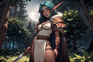 royal, princess, atmospheric scene, masterpiece, best quality (detailed face, detailed skin texture, ultra detailed body), (cinematic light: 1.1), r0seb7rne-smf, extremely detailed CG, unity 8k wallpaper, ultra detailed, very detailed, bright colors,


glowing eyes, magical eyes, detailed eyes, light up eyes, eyelashes, expression of pleasure on the face, shiny skin, oiled skin,

tree, forest, dark, moonlight, deep forest, night, massive rain, rainy, cloudy,


nightelf, long eyebrows, long ears, druid, 

emotes, flying, fly, laugh, smile, funny, fun, extrem poses,

adult female, turquoise hair, black lipstick, yellow amber eyes, freckles, dimple, red skin, purple skin, tattoo, fire hair, 


druid_long_skirt, long_dress, leather_arms, more_belt, heavy belt with dagger, belt with dagger, sword weapon, shoulder_plates, cape, furr, hood, armor, metal_armor, leather armor, herbs, herb, leafes, leaf_on_head, harness,