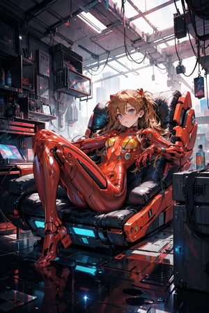 Asuka Langley a spaceship pilot in a latex suit with robotic limbs, laying down in a pod, in a cyberpunk setting, cyborg, implants, high details, realistic, photorealism, 8k,souryuuasukalangley