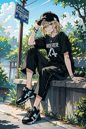 1girl, solo, looking at viewer, bangs, blonde hair, shirt,hat, jewelry, sitting, closed mouth, full body, short sleeves, male focus, earrings, outdoors, shoes, pants, medium hair, necklace, black footwear, bracelet, grey eyes, black shirt, black headwear, black pants, ring, t-shirt, sneakers, baseball cap, sign, hand on headwear, chain necklace