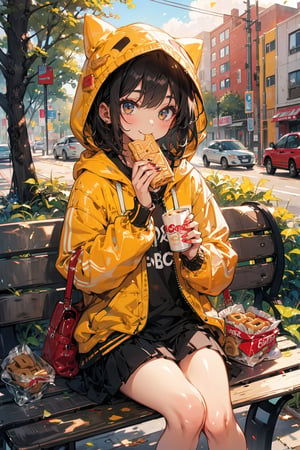 1girl,tiny_girl,  Cute, wearing hoodie, eating Custard cream bread,:),sitting on Bench