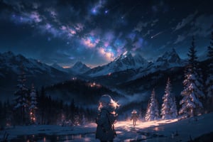 1girl looking sky,.dark moody lighting, starry sky, snowy mountains and forest, glittering, volumetric lighting, milky way, looking at sky