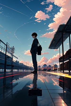 solo, short hair, shirt, black hair, 1boy, standing, male focus, sky, day, cloud, bag, blue sky, cloudy sky, ground vehicle, scenery, reflection, wide shot, suitcase, train, train station, reflective floor, luggage, rolling suitcase