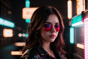 (highres,  realistic:1.2), portrait, beautiful face, gorgeous eyes, full lips, long dark hair, fashionable outfit, confident pose, stylish sunglasses, neon light, atmospheric cinematic background, vibrant colors, soft bokeh, artistic ambiance, subtle lighting, 