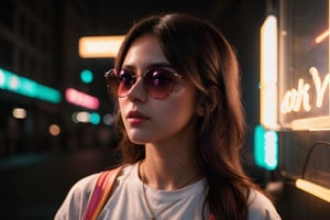 (highres,  realistic:1.2), portrait, beautiful face, gorgeous eyes, full lips, long dark hair, fashionable outfit, confident pose, stylish sunglasses, neon light, atmospheric cinematic background, vibrant colors, soft bokeh, artistic ambiance, subtle lighting, 