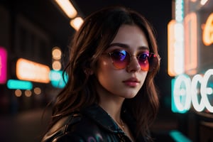 (highres,  realistic:1.2), portrait, beautiful face, gorgeous eyes, full lips, long dark hair, fashionable outfit, confident pose, stylish sunglasses, neon light, atmospheric cinematic background, vibrant colors, soft bokeh, artistic ambiance, subtle lighting, 