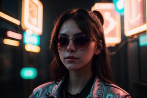 (highres,  realistic:1.2), portrait, beautiful face, gorgeous eyes, full lips, long dark hair, fashionable outfit, confident pose, stylish sunglasses, neon light, atmospheric cinematic background, vibrant colors, soft bokeh, artistic ambiance, subtle lighting, 