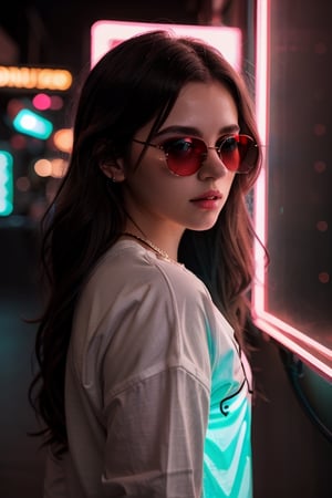 (highres,  realistic:1.2), portrait, beautiful face, gorgeous eyes, full lips, long dark hair, fashionable outfit, confident pose, stylish sunglasses, neon light, atmospheric cinematic background, vibrant colors, soft bokeh, artistic ambiance, subtle lighting, 