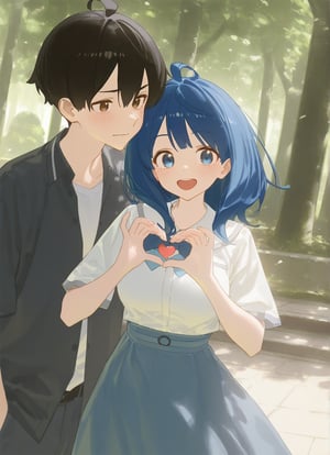 1girl,(yanami anna,ahoge,blue eyes,blue hair,),(1boy,kazuhiko nukumizu,black hair, brown eyes,),couple,
(tianliang duohe fangdongye:1.2),(ciloranko:1.2),(reoen:1.1),(dsmile:0.9),(ask (askzy):0.7),(gaou (umaiyo puyoman):0.8),year 2023,
{{heart_hands_duo,The girl opens her mouth in a laugh, while the boy wears an awkward expression}},
,outdoors,park, 