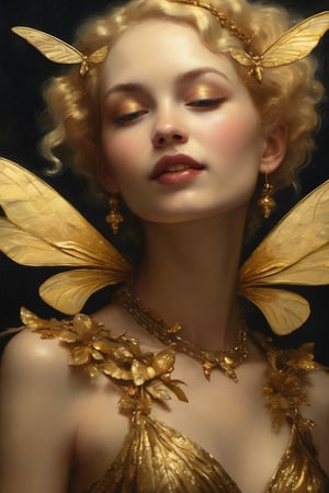 1930s gold goth fairy, whole body shot, shimmering gold, gold fairies, gold dragonflies, smiling softly, golden hair, plain background, art deco, highly detailed, psychedelic realism, dark moody colors, fantasy, surreal, octane render,photo r3al,oil painting
