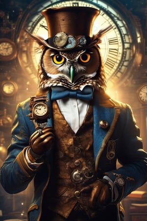 magician steampunk owl, (wearing an old tattered tuxedo), old watches, time travel, beautiful, magical, mysterious, comic book style, magic fx, insanely detailed, volumetric lighting, mood lighting, fantasy render