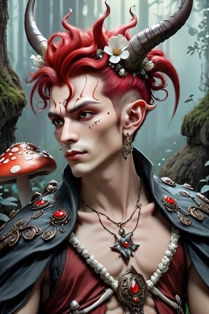 a 1990s elven goth prince with horns, white and red mohawk_(hair_style), teased hair, slim face, large eyes, thin lips, beautiful, action shot, covered in white and red flowers and mushrooms, highly detailed, psychedelic realism, dark moody colors, fantasy, surreal, octane render,Baby raven,cyborg style,biopunk style,DonShr00mXL 