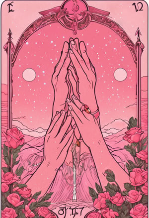 a pink tarot card with a picture of two hands touching from above and below, a poster by Zoë Mozert, tumblr contest winner, symbolism, tarot card, anime aesthetic, rosy background
,text logo,Vogue,portraitart