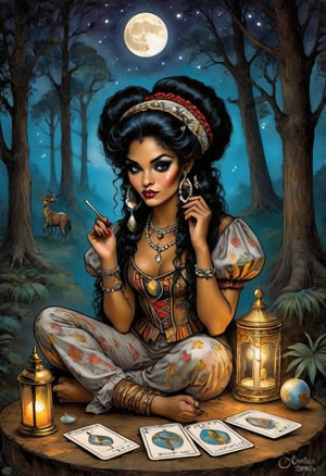 gypsy Carriage is Nacleen and she holds in her hand a tarot card for wisdom. It's night and the full moon is out as she kneels in the forrest. Her piercing eyes glow as she psychically reads the cards, Nacleen is dressed in circus attire from the 1800s and is of Hawaiian and Black ancestry 4 cards