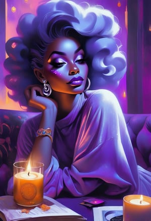 An airbrush oil mastery of an image of a coconut-skinned black woman in a white violet, flawless and natural makeup with silver eye shadow, indigo lipgloss, silver hoop earrings, hair is in a neatly in an updo hairstyle with amber highlights, she is sitting in her elegant black and white living room on her amethyst couch, there is chakras wall decor with colorful candles, drinking a cup of tea with mug that says self love,darkart,ghost person