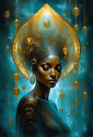 Black woman page of cups, Modern art style on the theme of paradise in style of Stefan Gesell, golden ratio. Tarot card of the nine of pentacles and whistling brook bioluminescent chiaroscuro transparency,  chakra,  with aura glow delicate  glacial chakracatcher that is a portal.