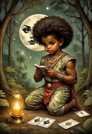 boy baby man  character is Nacleen and he holds in his hand a tarot card for wisdom. It's night and the full moon is out as he kneels in the forest. His piercing eyes glow as he psychically reads the cards, Nacleen is dressed in circus attire from the 1800s and is of Hawaiian and Black ancestry