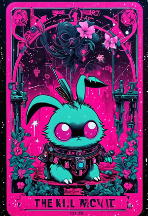 a pink tarot card with a picture of a cyberpunk bunny, a poster by Zoë Mozert, tumblr contest winner, symbolism, tarot card, anime aesthetic, hellish background
,text logo,Vogue,portraitart