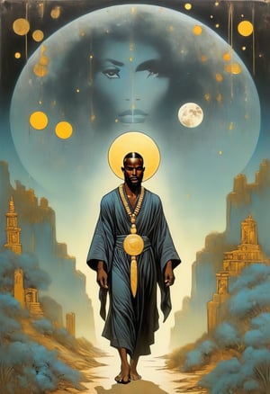 old soul, black man, elder, ancient, deeply melanated, blasian, modern, ebony skin, tarot moon card, walking with headset, thinking, contemplating, journeying