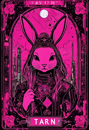 a pink tarot card with a picture of a cyberpunk bunny, a poster by Zoë Mozert, tumblr contest winner, symbolism, tarot card, anime aesthetic, hellish background
,text logo,Vogue,portraitart