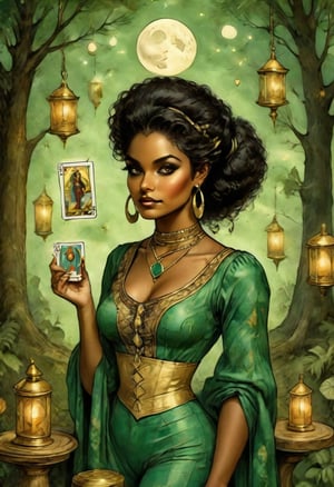 The character is Nacleen and she holds in her hand 10 tarot card for wisdom. It's night and the cresent moon is out as she dances in the forest. Her piercing eyes glow as she psychically reads the cards, Nacleen is dressed in circus attire from the 1800s and is of Hawaiian and Black ancestry, 10 of cards, emerald bangle earrings she wears tarot cards