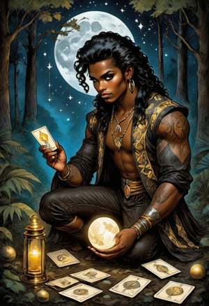 The character is Nacleen and he holds in his hand a tarot card for wisdom. It's night and the full moon is out as he kneels in the forest. His piercing eyes glow as he psychically reads the cards, Nacleen is dressed in circus attire from the 1800s and is of Hawaiian and Black ancestry