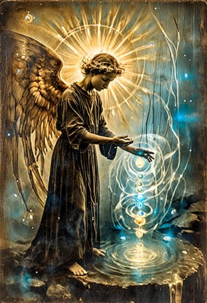 temperance boy angel, Modern art style on the theme of paradise in style of Stefan Gesell, golden ratio. Tarot card of the nine of pentacles and whistling brook bioluminescent chiaroscuro transparency,  chakra,  with aura glow delicate  glacial chakracatcher that is a portal.