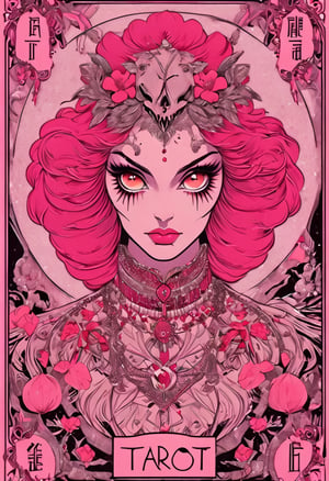 a pink tarot card with a picture of a woman, a poster by Zoë Mozert, tumblr contest winner, symbolism, tarot card, anime aesthetic, hellish background
,text logo,Vogue,portraitart