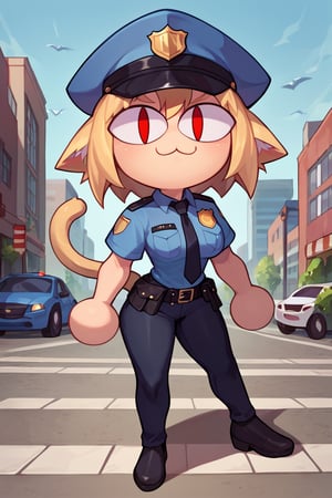 score_9, score_8_up, score_7_up, score_6_up, score_5_up, score_4_up, BREAK, 1girl, solo, necoarc, lit pupils, cat ears, blonde hair, red eyes, chibi, :3, NECOARC BLONDE HAIR, NSFW, sexy, big_breasts, big_thighs, RED EYES SLIT PUPIL, police_uniform, cop, black pants, hat, city background