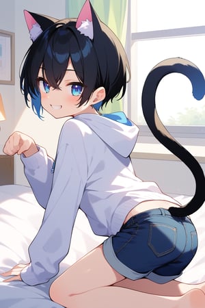 score 9, score 8 up, score 7 up, source anime, bedroom, 1boy, cute boy, thin, super thin, skinny, slender body, soft body, short hair, black hair, blue eyes, blush, smile, grin, looking at viewer, white sweater, hood, white hood, shorts, jeans shorts, hood down, animal ears, cat ears, black cat ears, tail, cat tail, black tail, on bed, open window, all fours, from behind, cat pose, back