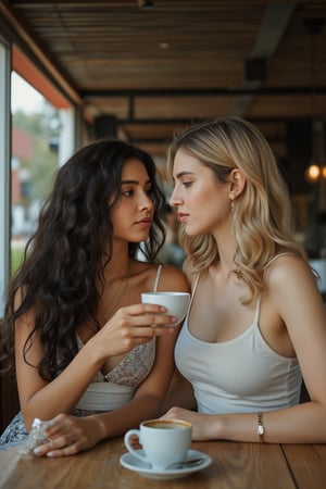 a beautifull arab woman, long black curvy hair, with her blondes friend , drinks at the morning cooffee