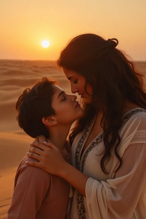 A sun-drenched desert landscape greets the dawn, warm hues of terracotta and sandy beige stretching towards a horizon kissed by the rising sun. A majestic Arab woman, her raven tresses cascading like a waterfall down her back, bends to gently caress the face of a cherished one, her dark eyes shining with affection.